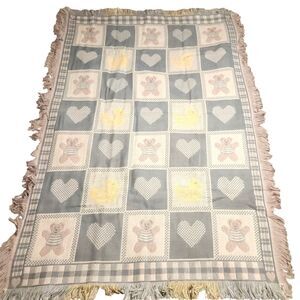 American Weavers Jaquard Throw Blanket Blue White Check Hearts & Bears 36"x50"